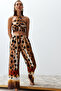 Leopard Pattern Woven 100% Cotton Blouse Trousers Set Tbess24Au00013