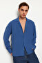 Indigo Oversize Fit Apaş Collar Summer Linen Look Shirt Tmnss23Go00053 - 3