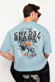 Oversize Blue Printed Cotton T-Shirt - TMNSS21TS2037 - 6