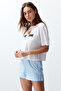 Kadın Beyaz %100 Pamuklu Ayıcıklı Çizgili Şortlu Örme Pijama Takımı THMSS24PT00175 - 4