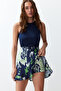 Navy Blue Patterned Skirt Ruffled Viscose Woven Skirt Look Shorts Twoss24Sr00037 - 3