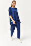 Women's Navy Blue Asymmetrical Blouse Soft Textured Bottom Top Crystal Suit TKM-19000269