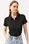 Women's Black Polo Neck Buttoned Lycra Blouse BLZ-19002558 - 7