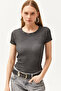 Women's Anthracite Crew Neck Washed Short Sleeve Cotton Blouse BLZ-19002559 - 3