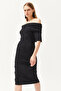 Women's Black Madonna Collar Drape Detailed Soft Textured Dress ELB-19002091 - 4