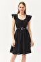 Women's Black U-Neck Sleeve Detailed Flared Dress ELB-19002094 - 3