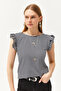 Women's Striped Black Sleeve Frilly Back Tie Knitted Viscose Blouse BLZ-19002555 - 2