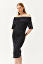 Women's Black Madonna Collar Drape Detailed Soft Textured Dress ELB-19002091 - 3