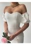 Women's Atlas Fabric Back Lacing Design Strapless Neck Slit Detailed Midi White Evening Dress 227 - 5