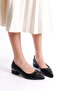 Women's Black Leather Buckle Galvanized Heeled Shoes