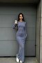 Transparent stitch detailed back neckline indigo long dress