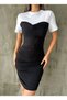 Women's Short Sleeve T-shirt Detail Corset Look Smocked Lined Sandy Dress Black - 7