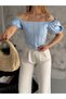 Women's Baby Blue Square Neck Balloon Sleeve Diving Fabric Striped Women's Blouse - 5