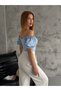 Women's Baby Blue Square Neck Balloon Sleeve Diving Fabric Striped Women's Blouse - 2