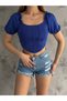 Women's Cobalt Blue Square Neck Balloon Sleeve Diving Fabric Striped Women's Blouse - 2