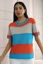 Bicycle Round Neck Short Sleeve Openwork Hollowed Color Block Summer Stretchy Knitwear Blouse