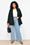 Siyah Oversize/Bol Kesim Astarlı Kruvaze Kapama Dokuma Blazer Ceket TBBSS24AG00002 - 2