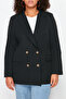 Siyah Oversize/Bol Kesim Astarlı Kruvaze Kapama Dokuma Blazer Ceket TBBSS24AG00002 - 4