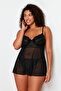 Siyah Yüksek Bel Dantelli Balenli Ayarlanabilir Babydoll&Tanga Takım TBBSS24DH00001 - 3