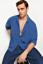 Indigo Oversize Fit Apaş Collar Summer Linen Look Shirt Tmnss23Go00053
