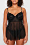 Siyah Yüksek Bel Dantelli Balenli Ayarlanabilir Babydoll&Tanga Takım TBBSS24DH00001 - 4