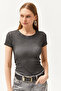 Women's Anthracite Crew Neck Washed Short Sleeve Cotton Blouse BLZ-19002559 - 4