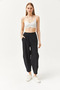 Women's Black Elastic Waist Pocket Baggy Cut Gabardine Trousers PNT-19000267 - 2