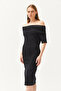 Women's Black Madonna Collar Drape Detailed Soft Textured Dress ELB-19002091 - 5