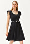 Women's Black U-Neck Sleeve Detailed Flared Dress ELB-19002094