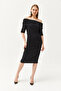 Women's Black Madonna Collar Drape Detailed Soft Textured Dress ELB-19002091 - 7
