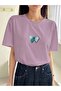 Women's Lilac Double Heart Printed Oversize T-shirt - 3