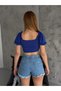 Women's Cobalt Blue Square Neck Balloon Sleeve Diving Fabric Striped Women's Blouse - 3