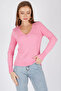V-Neck Long Sleeve Ribbed Solid Color Fit Cut Summer Stretchy Knitwear Blouse - 3