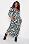 Plus Size Floral Patterned Waist Belted Double Breasted Collar Long Dress302632 - 4