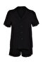 Siyah Dantelli Viskon Şortlu Dokuma Pijama Takımı THMSS24PT00181 - 7