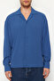 Indigo Oversize Fit Apaş Collar Summer Linen Look Shirt Tmnss23Go00053 - 4