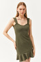 Women's Khaki Heart Collar Frilly Mini Honeycomb Dress ELB-19002095 - 4