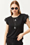 Women's Black Sleeve Pleated Knitted Viscose Blouse BLZ-19002554 - 3