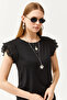 Women's Black Sleeve Pleated Knitted Viscose Blouse BLZ-19002554 - 5