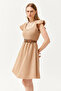 Women's Camel U Collar Sleeve Detailed Flared Dress ELB-19002094 - 5