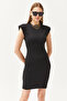 Women's Black Crew Neck Padded Mini Dress ELB-19002097 - 3