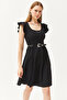 Women's Black U-Neck Sleeve Detailed Flared Dress ELB-19002094 - 6