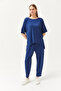 Women's Navy Blue Asymmetrical Blouse Soft Textured Bottom Top Crystal Suit TKM-19000269 - 2