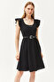 Women's Black U-Neck Sleeve Detailed Flared Dress ELB-19002094 - 5