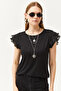Women's Black Sleeve Pleated Knitted Viscose Blouse BLZ-19002554 - 2