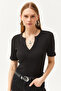 Women's Black Collar Detailed Lycra Blouse BLZ-19002557 - 3
