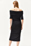 Women's Black Madonna Collar Drape Detailed Soft Textured Dress ELB-19002091 - 8