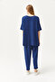 Women's Navy Blue Asymmetrical Blouse Soft Textured Bottom Top Crystal Suit TKM-19000269 - 7