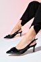 FOLEY Black Patent Leather Striped Women's Pointed Toe Open Back Thin Heeled Shoes
