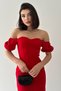 Women's Atlas Fabric Back Lacing Design Strapless Neck Slit Detail Midi Red Evening Dress 227 - 5